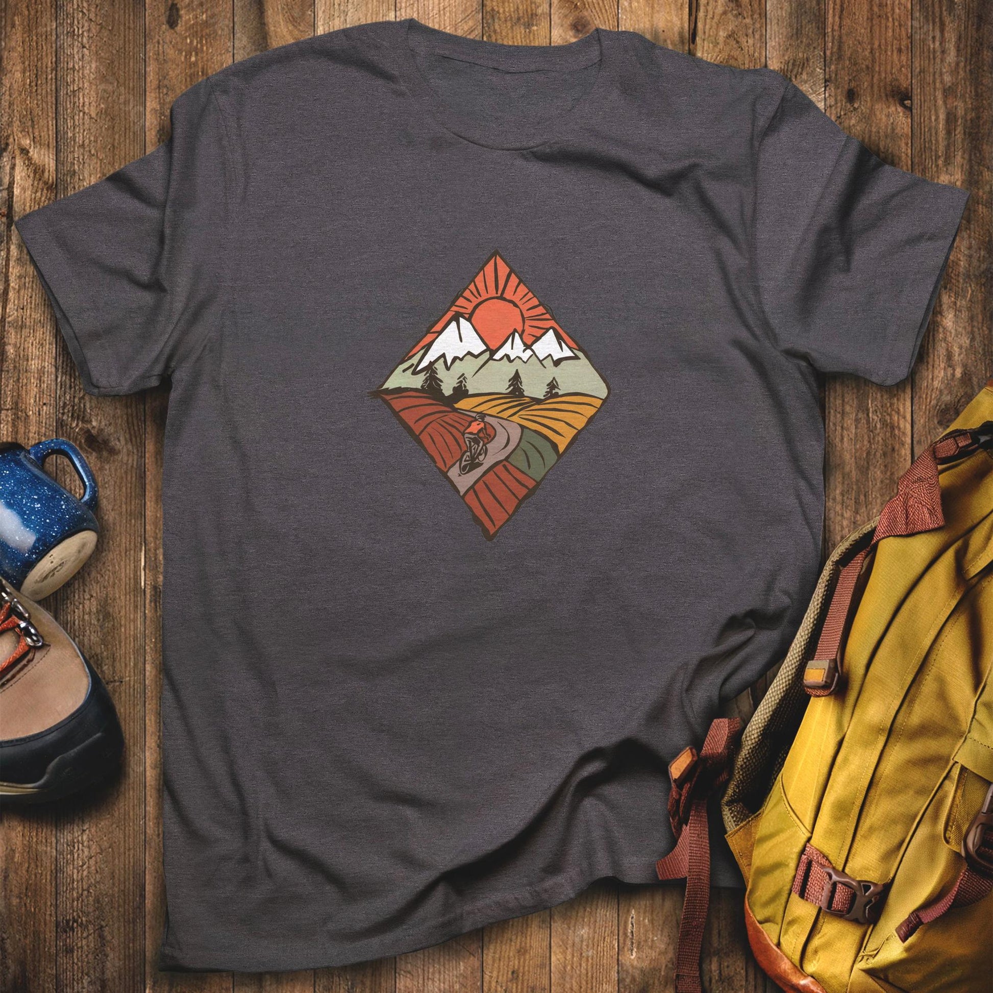 Pedal to the Peaks T-Shirt Dark Heather Adventure and Outdoors Themed T-Shirt
