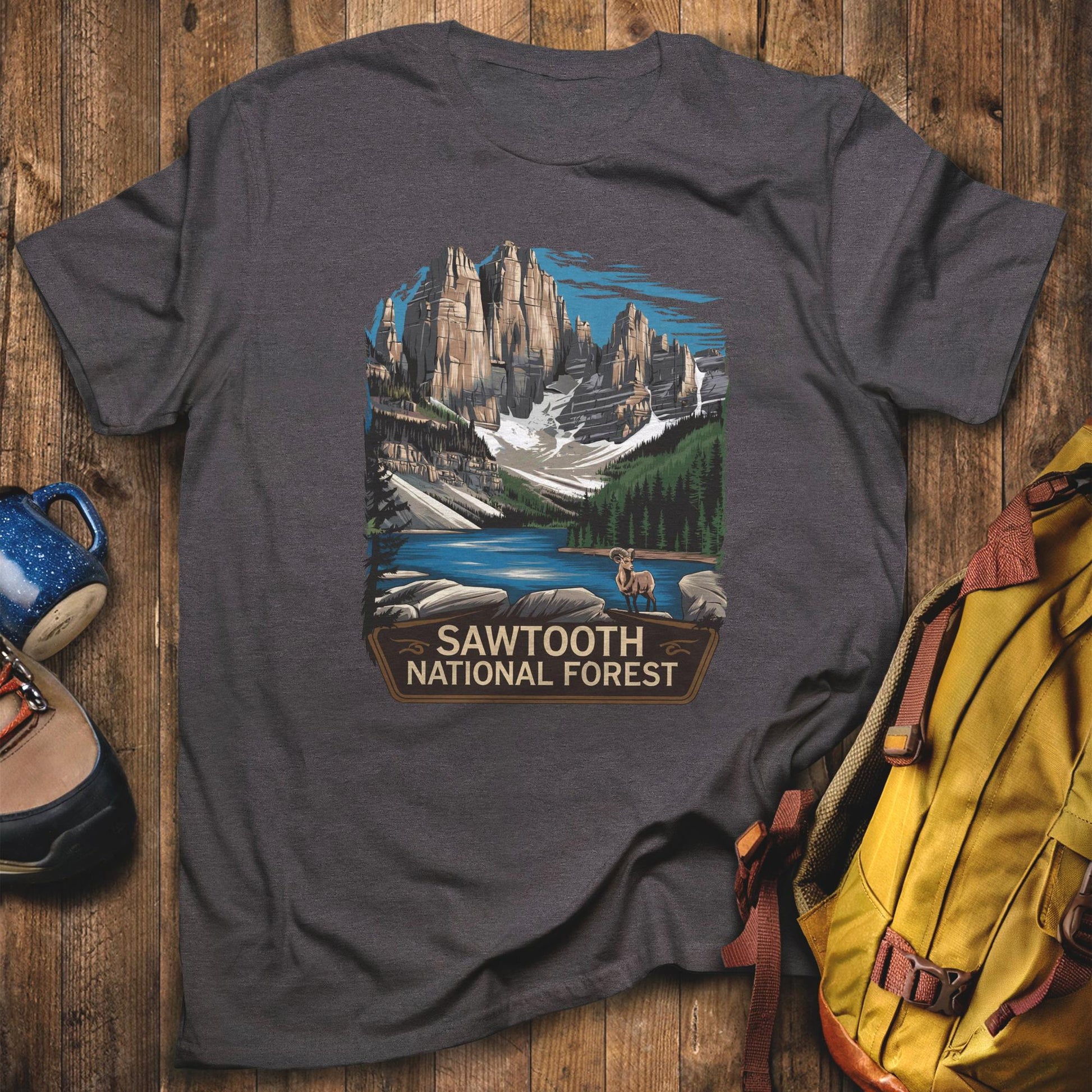Sawtooth National Forest T-Shirt Dark Heather Adventure and Outdoors Themed T-Shirt