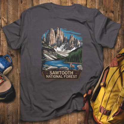 Sawtooth National Forest T-Shirt Dark Heather Adventure and Outdoors Themed T-Shirt