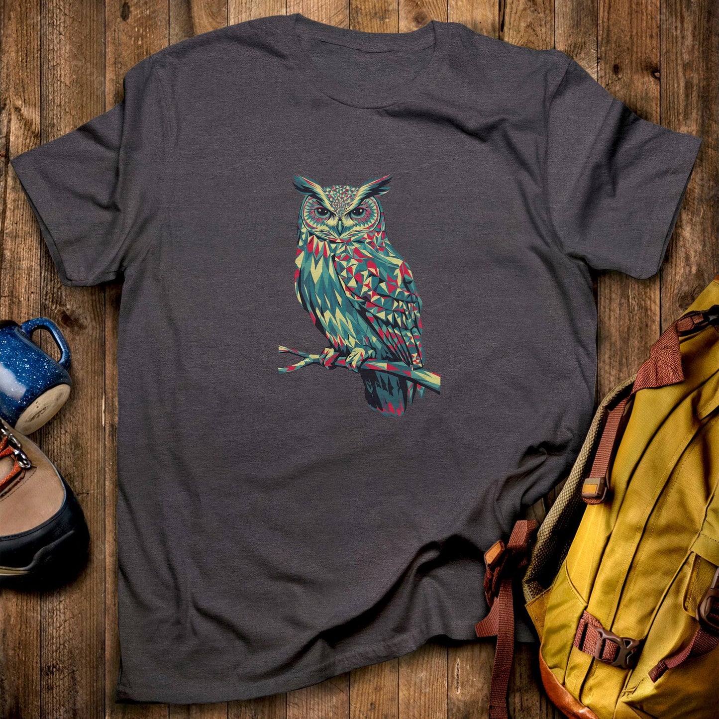 Horned Owl Mosaic T-Shirt Dark Heather Adventure and Outdoors Themed T-Shirt