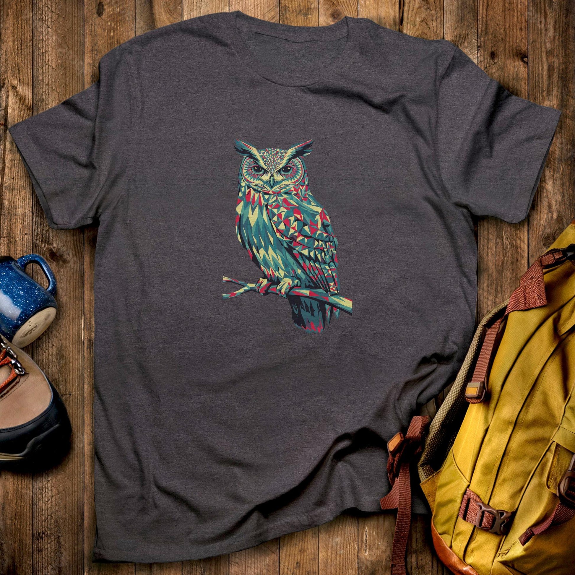 Horned Owl Mosaic T-Shirt Dark Heather Adventure and Outdoors Themed T-Shirt