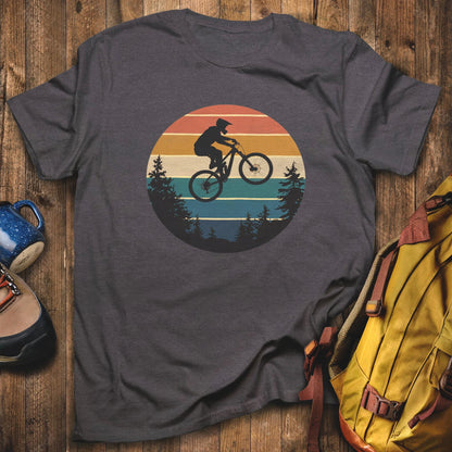 Mountain Biking Retro Sunset T-Shirt Dark Heather Adventure and Outdoors Themed T-Shirt