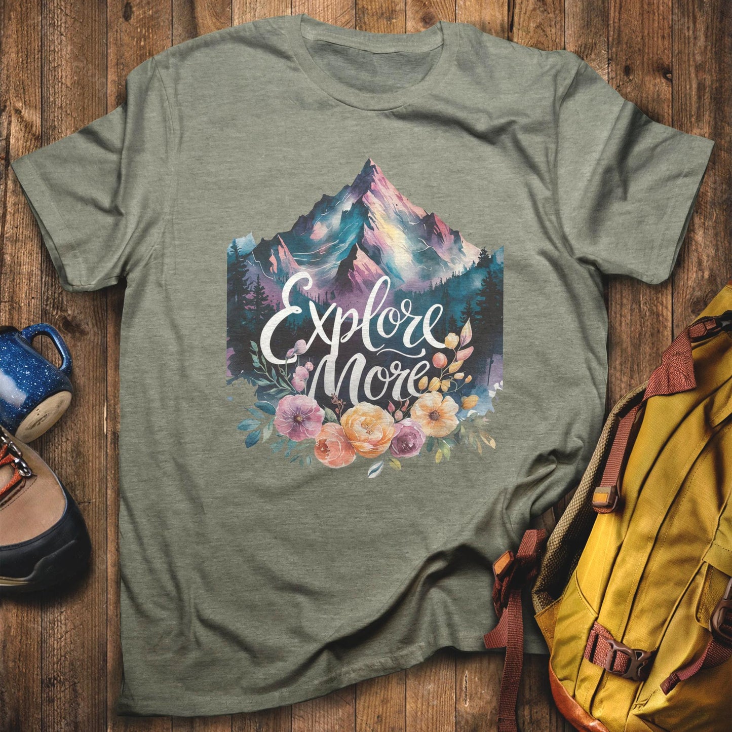 Explore More Mountain Watercolor T-Shirt Heather Military Green Adventure and Outdoors Themed T-Shirt