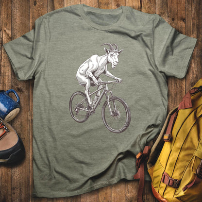 Mountain Goat Bike T-Shirt Heather Military Green Adventure and Outdoors Themed T-Shirt