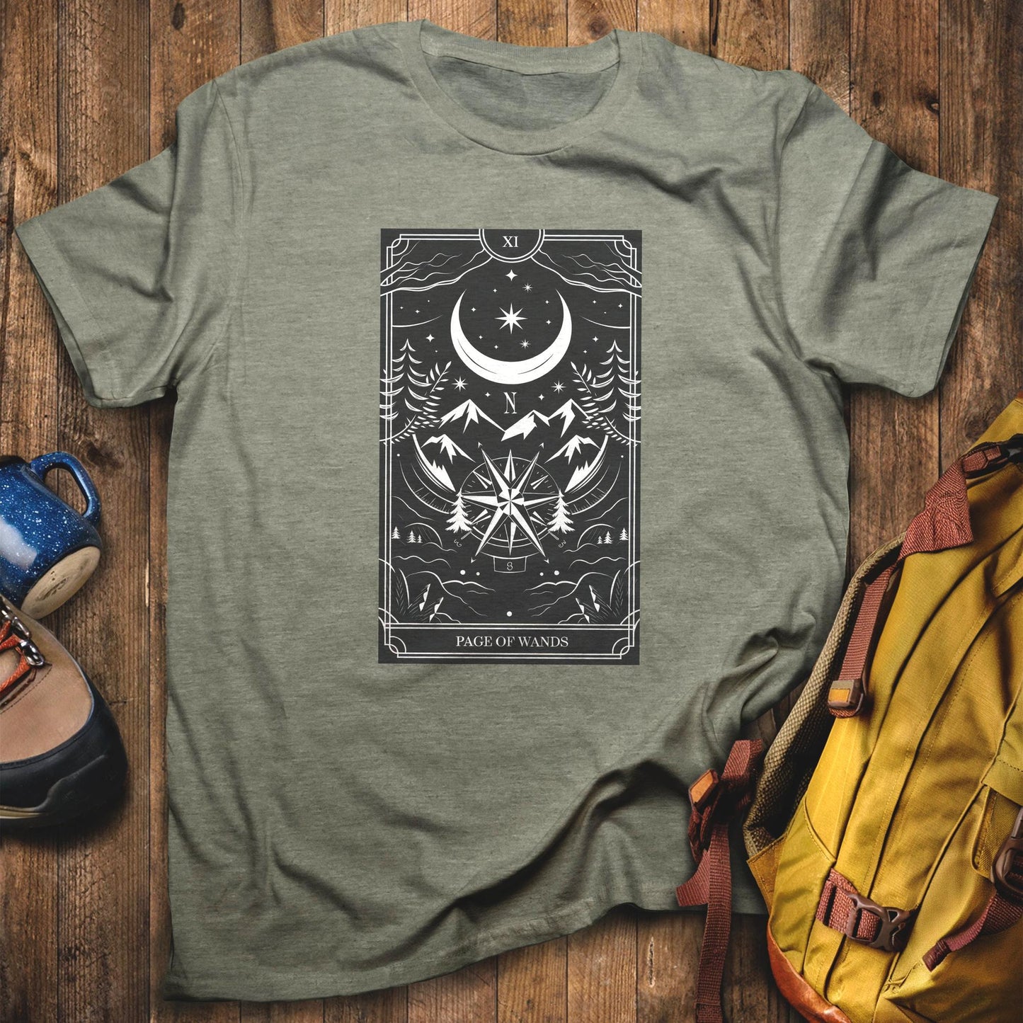 Page of Wands Tarot T-Shirt Heather Military Green Adventure and Outdoors Themed T-Shirt