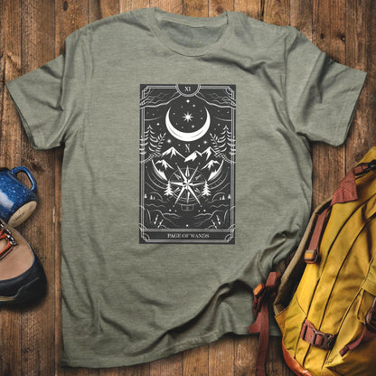 Page of Wands Tarot T-Shirt Heather Military Green Adventure and Outdoors Themed T-Shirt