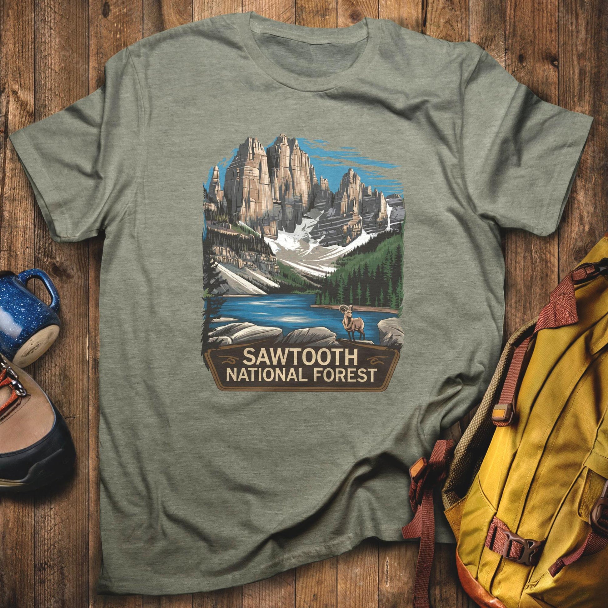 Sawtooth National Forest T-Shirt Heather Military Green Adventure and Outdoors Themed T-Shirt