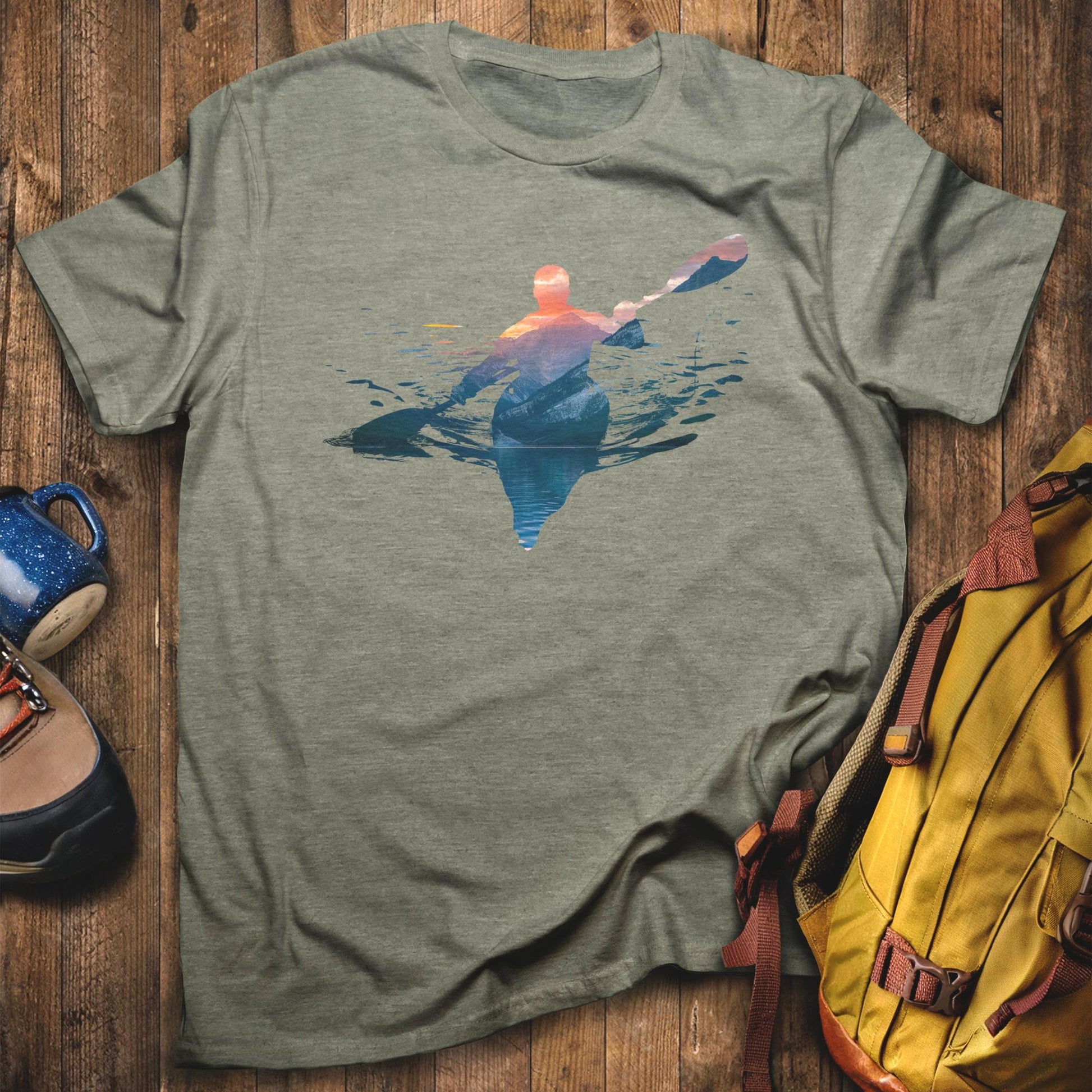 Kayak Mountain Silhouette T-Shirt Heather Military Green Adventure and Outdoors Themed T-Shirt