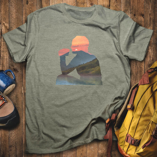 Sipping Coffee at Sunset T-Shirt Heather Military Green Adventure and Outdoors Themed T-Shirt