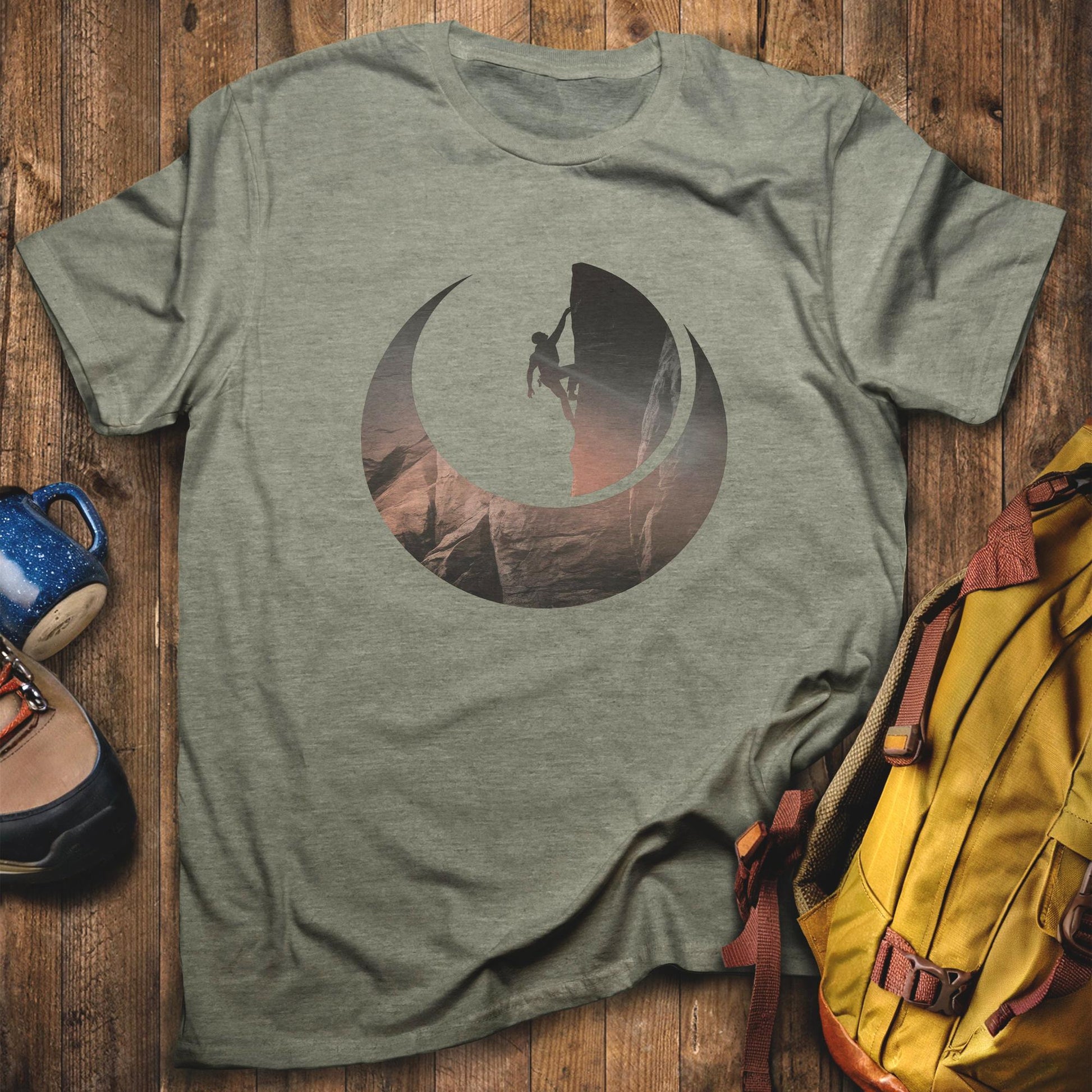 Rock Climber Silhouette T-Shirt Heather Military Green Adventure and Outdoors Themed T-Shirt