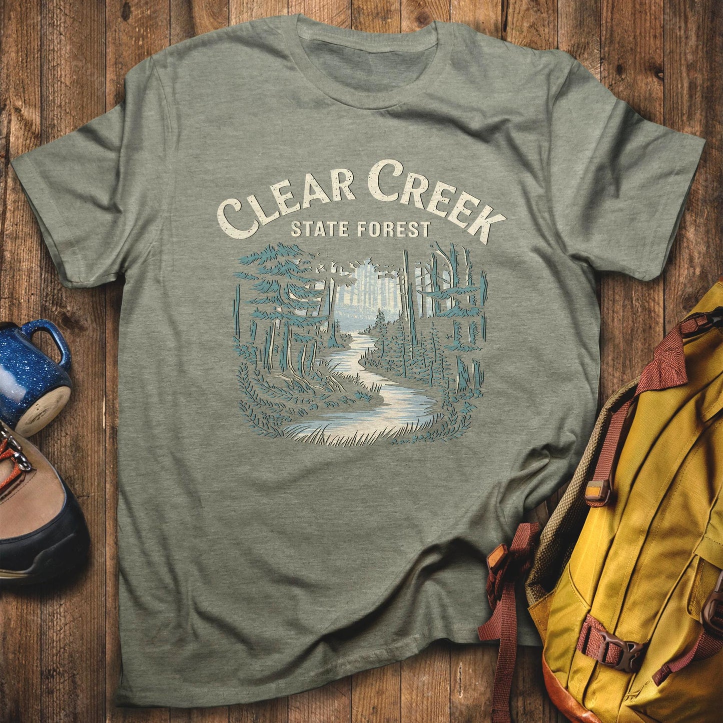 Clear Creek State Forest T-Shirt Heather Military Green Adventure and Outdoors Themed T-Shirt