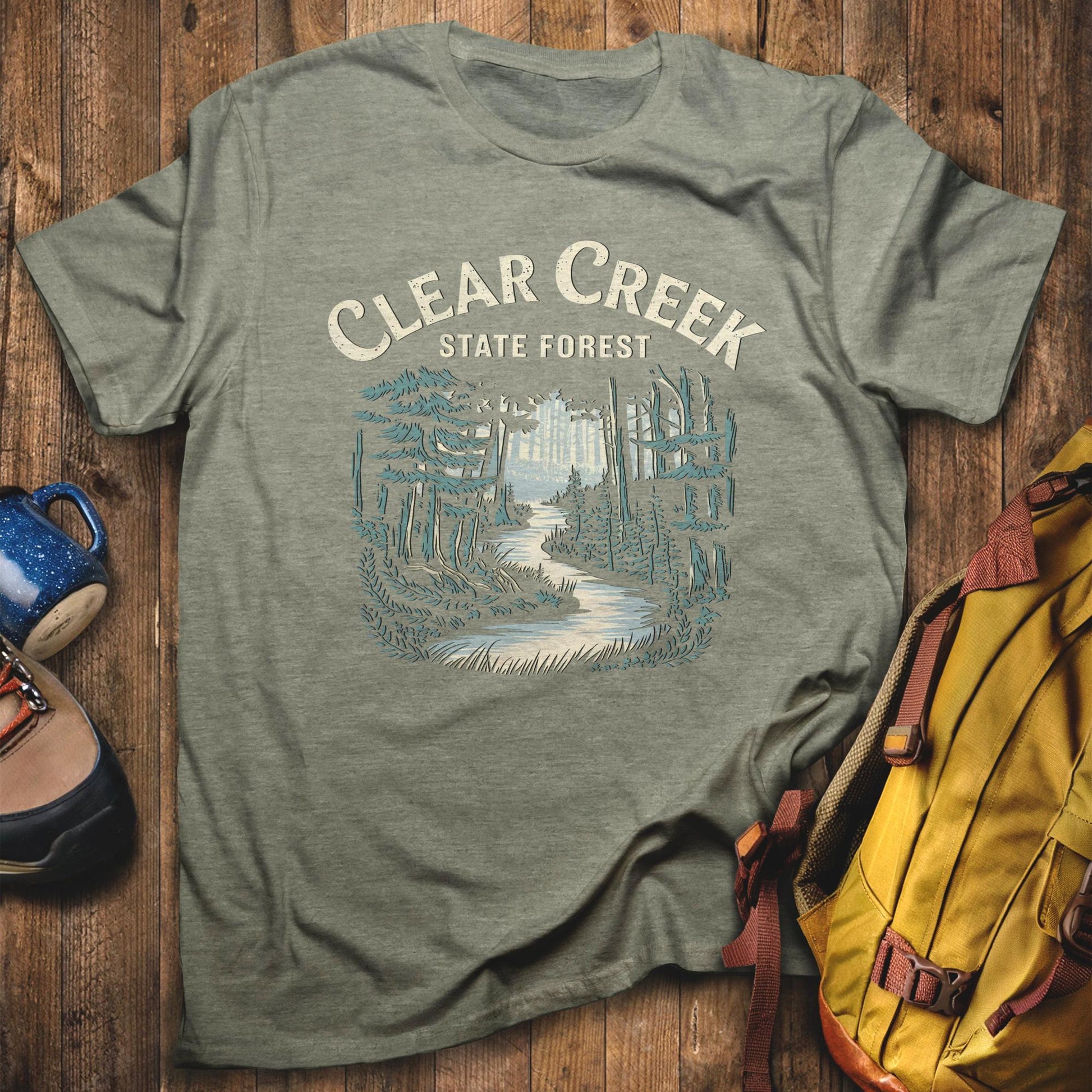 Clear Creek State Forest T-Shirt Heather Military Green Adventure and Outdoors Themed T-Shirt