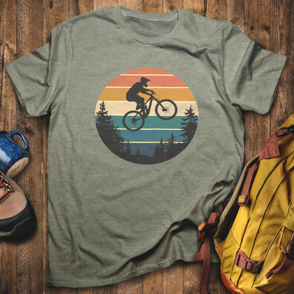 Mountain Biking Retro Sunset T-Shirt Heather Military Green Adventure and Outdoors Themed T-Shirt