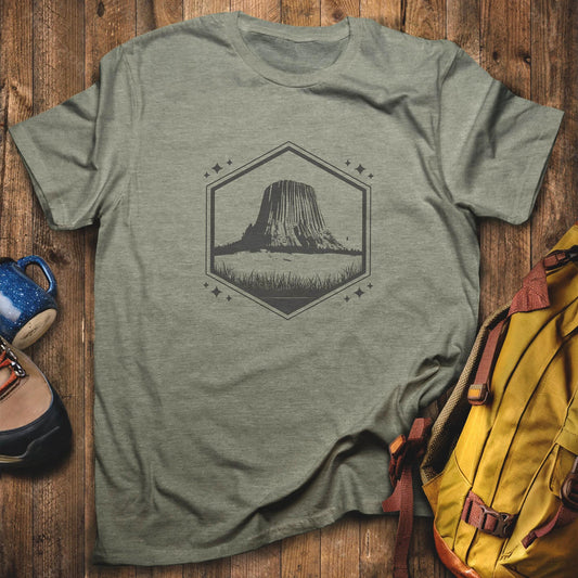 Devil's Tower Wyoming T-Shirt Heather Military Green Adventure and Outdoors Themed T-Shirt