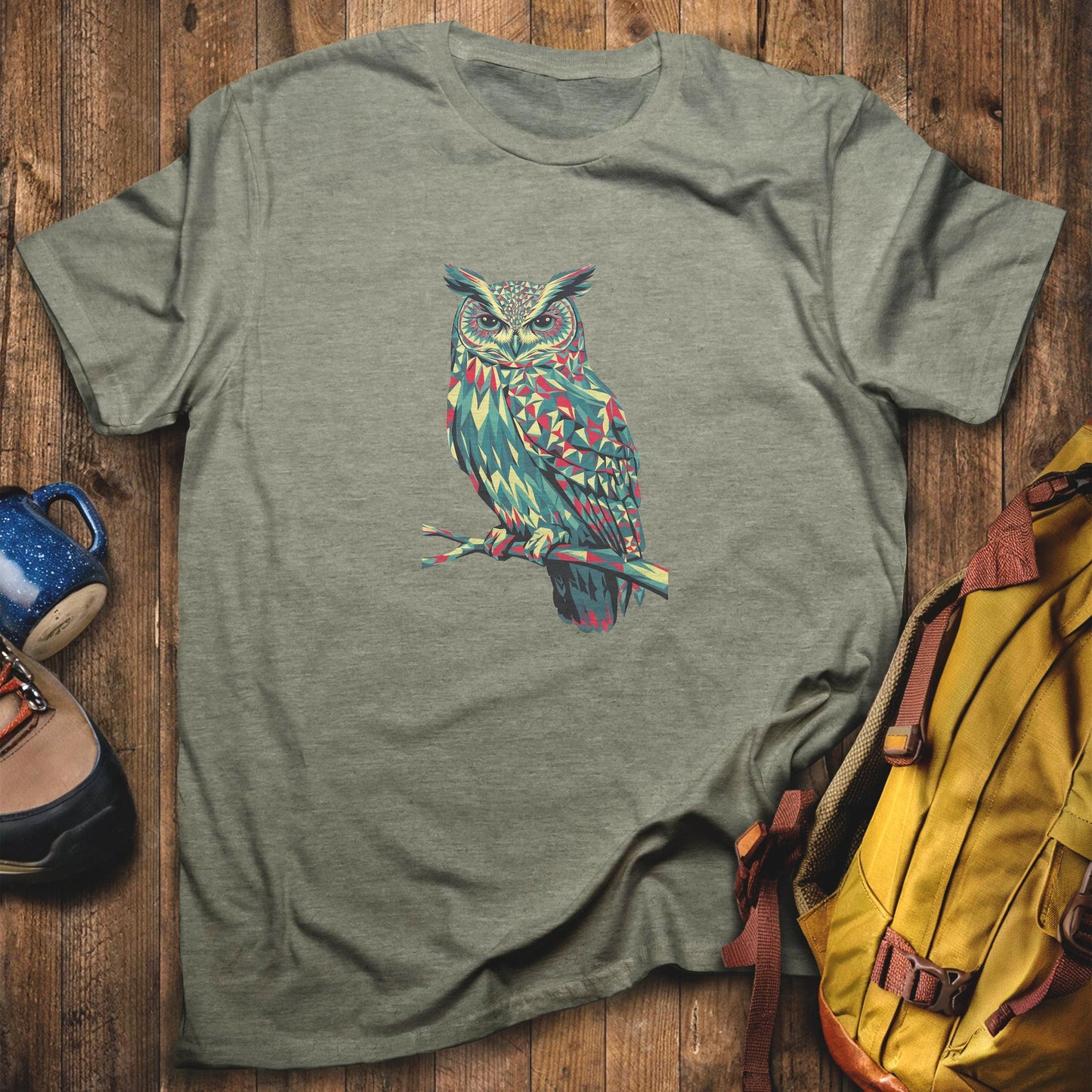 Horned Owl Mosaic T-Shirt Heather Military Green Adventure and Outdoors Themed T-Shirt