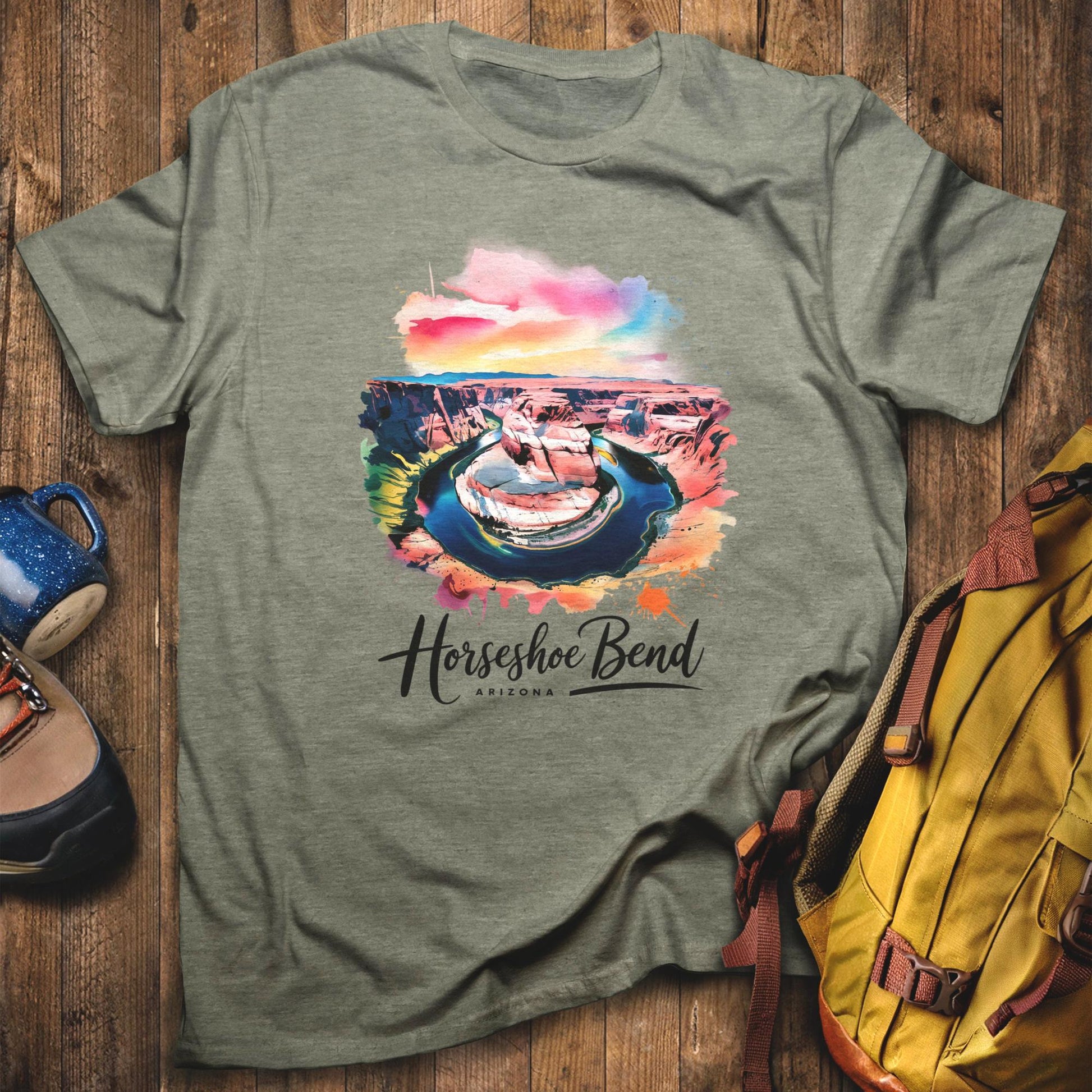 Horseshoe Bend Watercolor T-Shirt Heather Military Green Adventure and Outdoors Themed T-Shirt