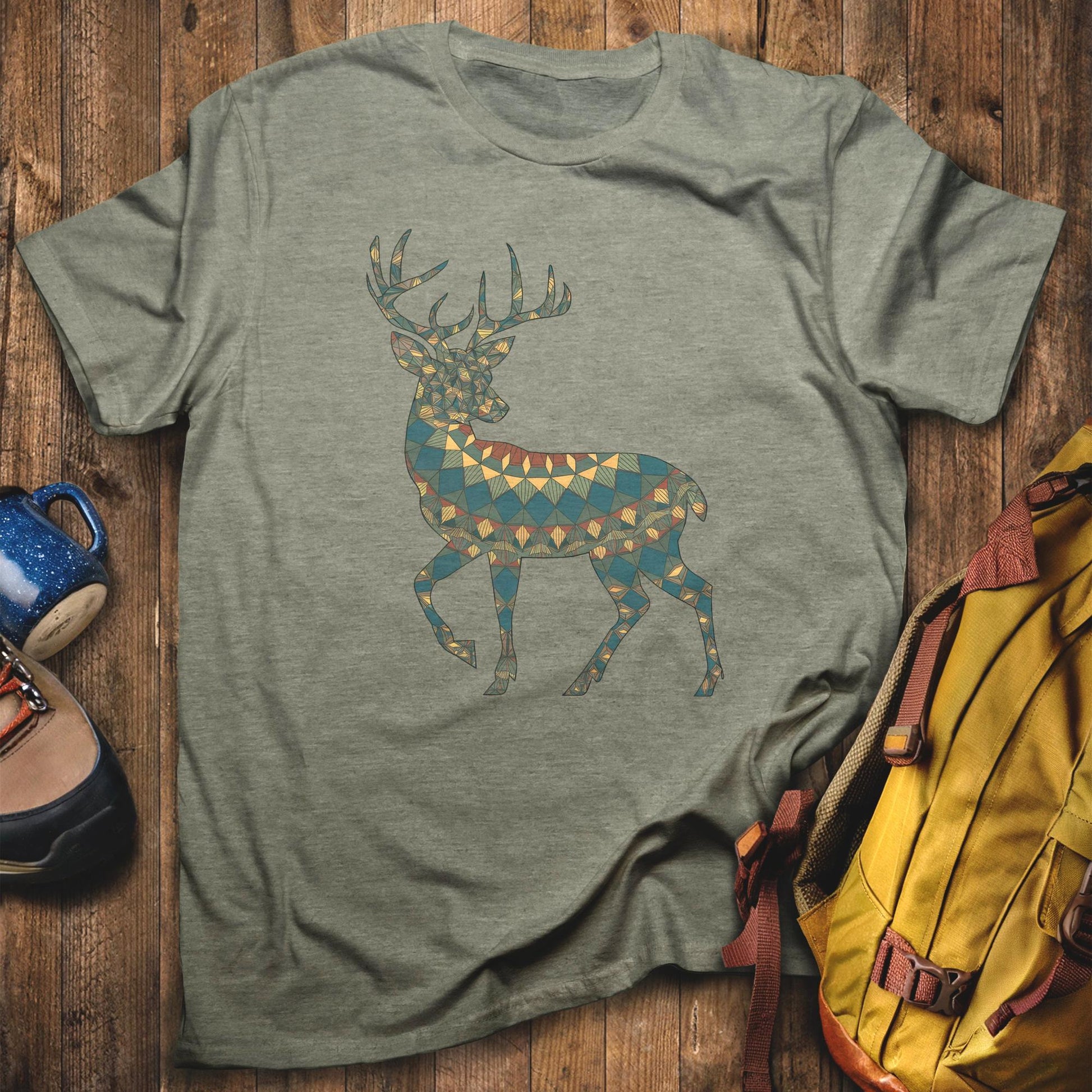 Deer Southwestern Mosaic T-Shirt Heather Military Green Adventure and Outdoors Themed T-Shirt