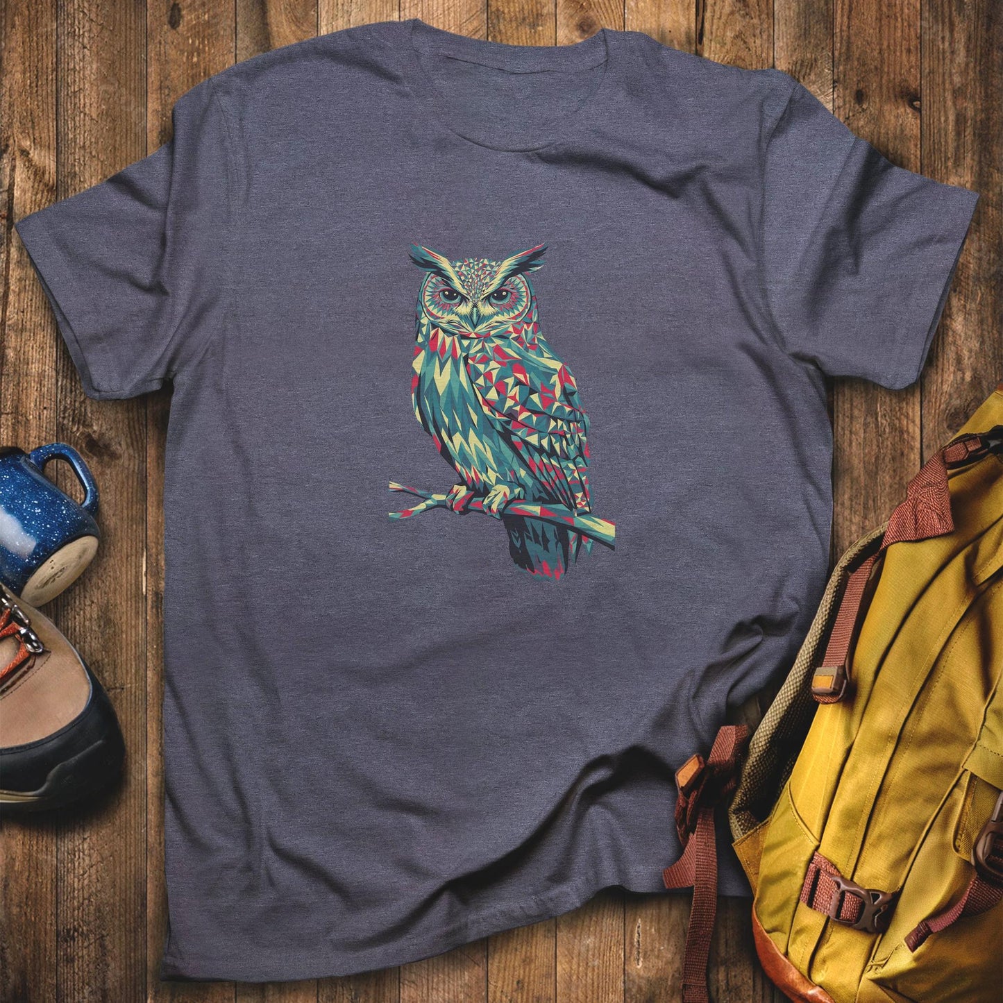 Horned Owl Mosaic T-Shirt Heather Navy Adventure and Outdoors Themed T-Shirt