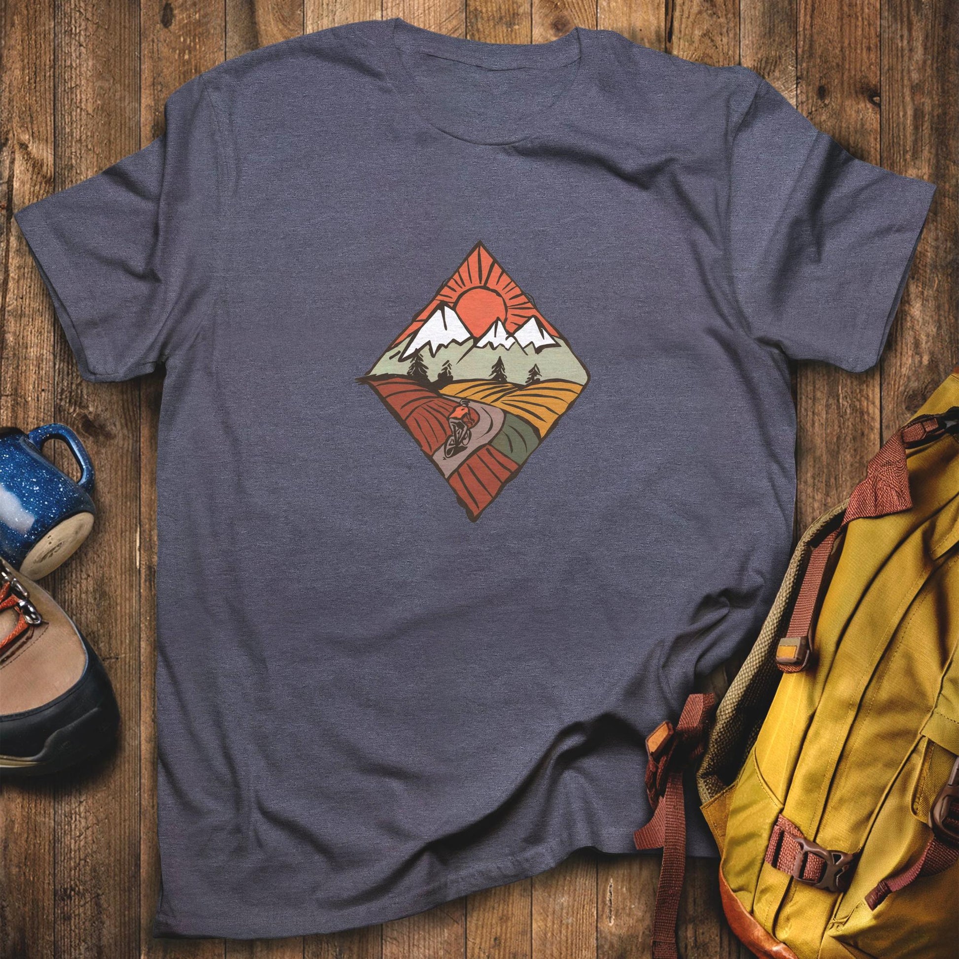 Pedal to the Peaks T-Shirt Heather Navy Adventure and Outdoors Themed T-Shirt