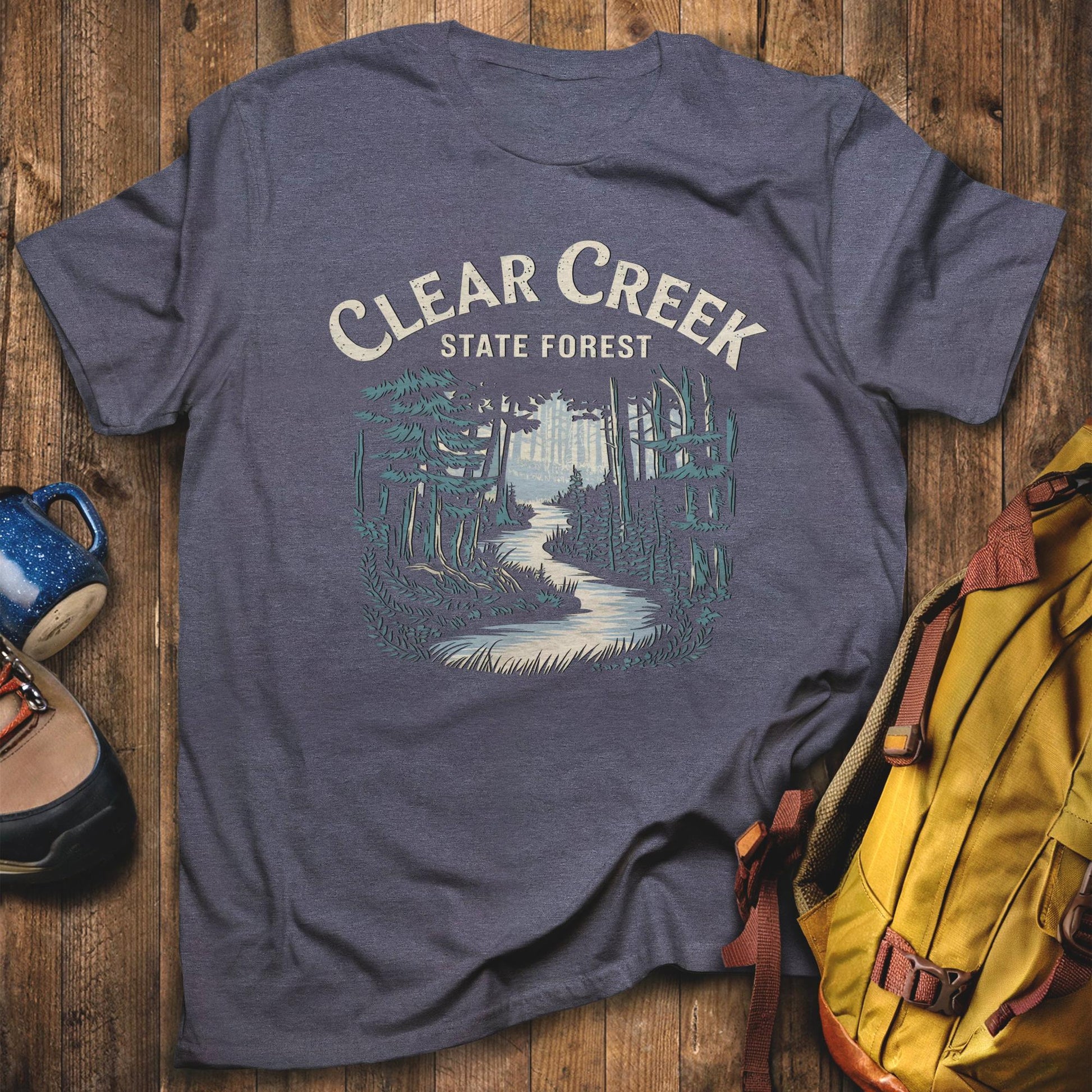 Clear Creek State Forest T-Shirt Heather Navy Adventure and Outdoors Themed T-Shirt