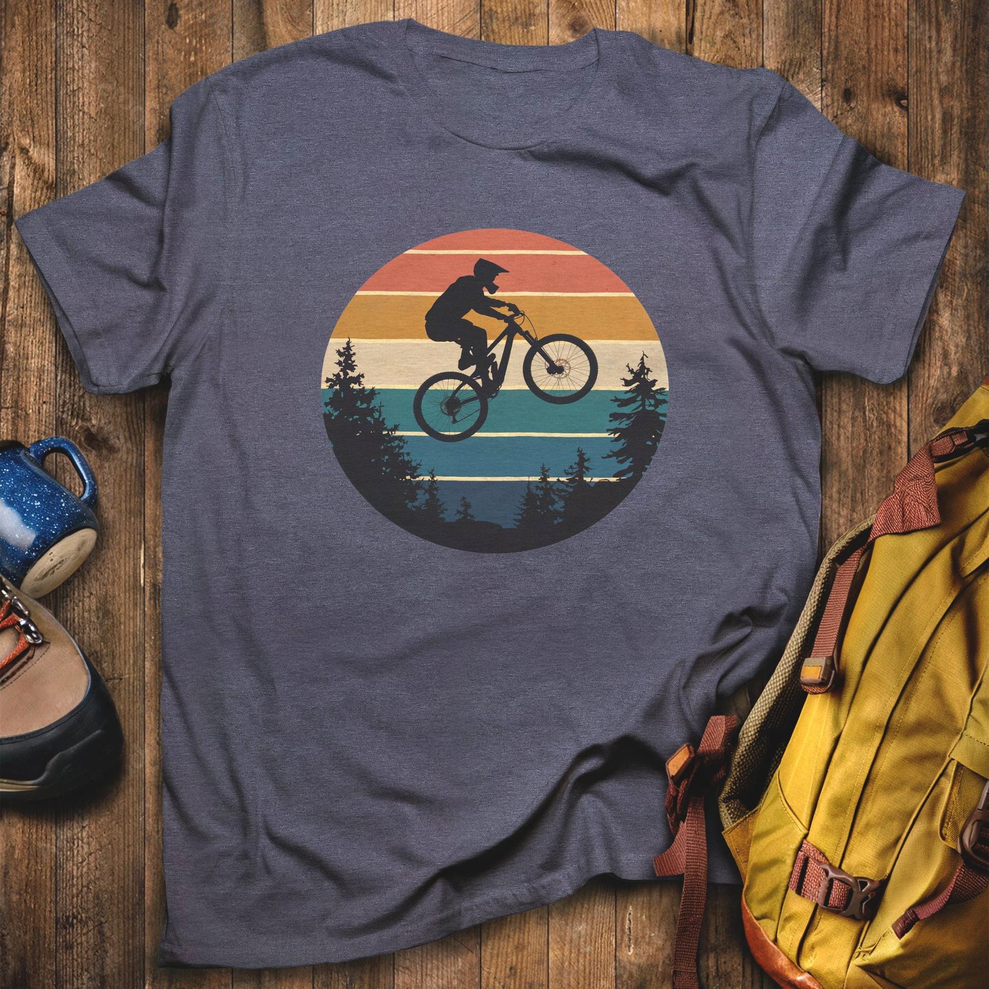 Mountain Biking Retro Sunset T-Shirt Heather Navy Adventure and Outdoors Themed T-Shirt