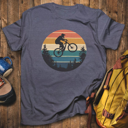 Mountain Biking Retro Sunset T-Shirt Heather Navy Adventure and Outdoors Themed T-Shirt