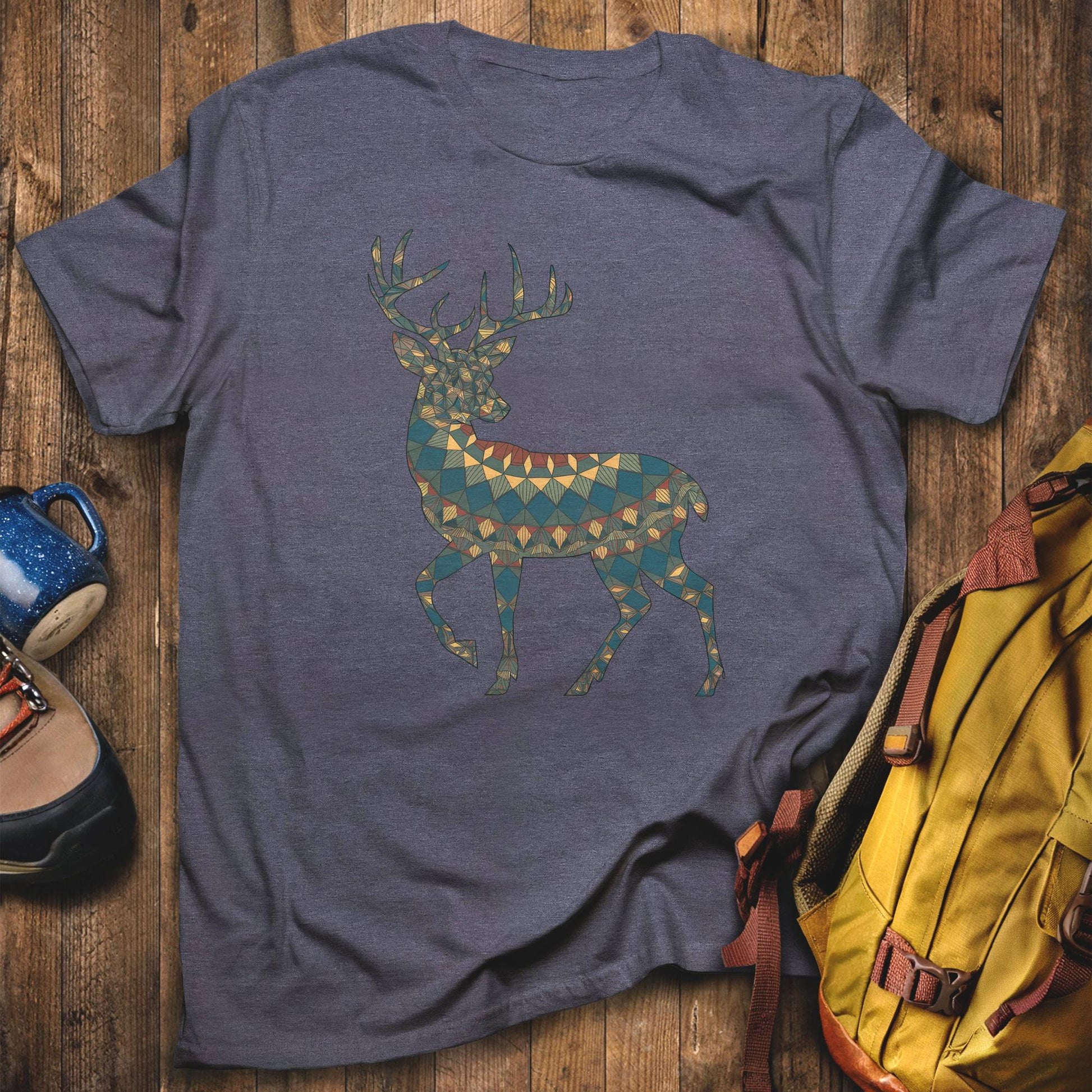 Deer Southwestern Mosaic T-Shirt Heather Navy Adventure and Outdoors Themed T-Shirt