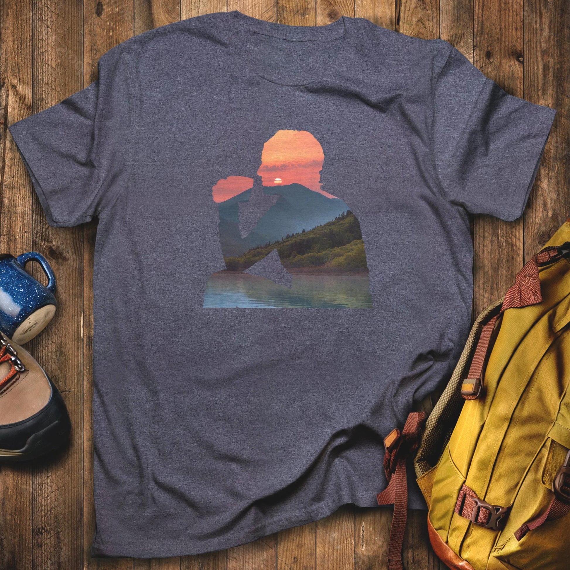Sipping Coffee at Sunset T-Shirt Heather Navy Adventure and Outdoors Themed T-Shirt