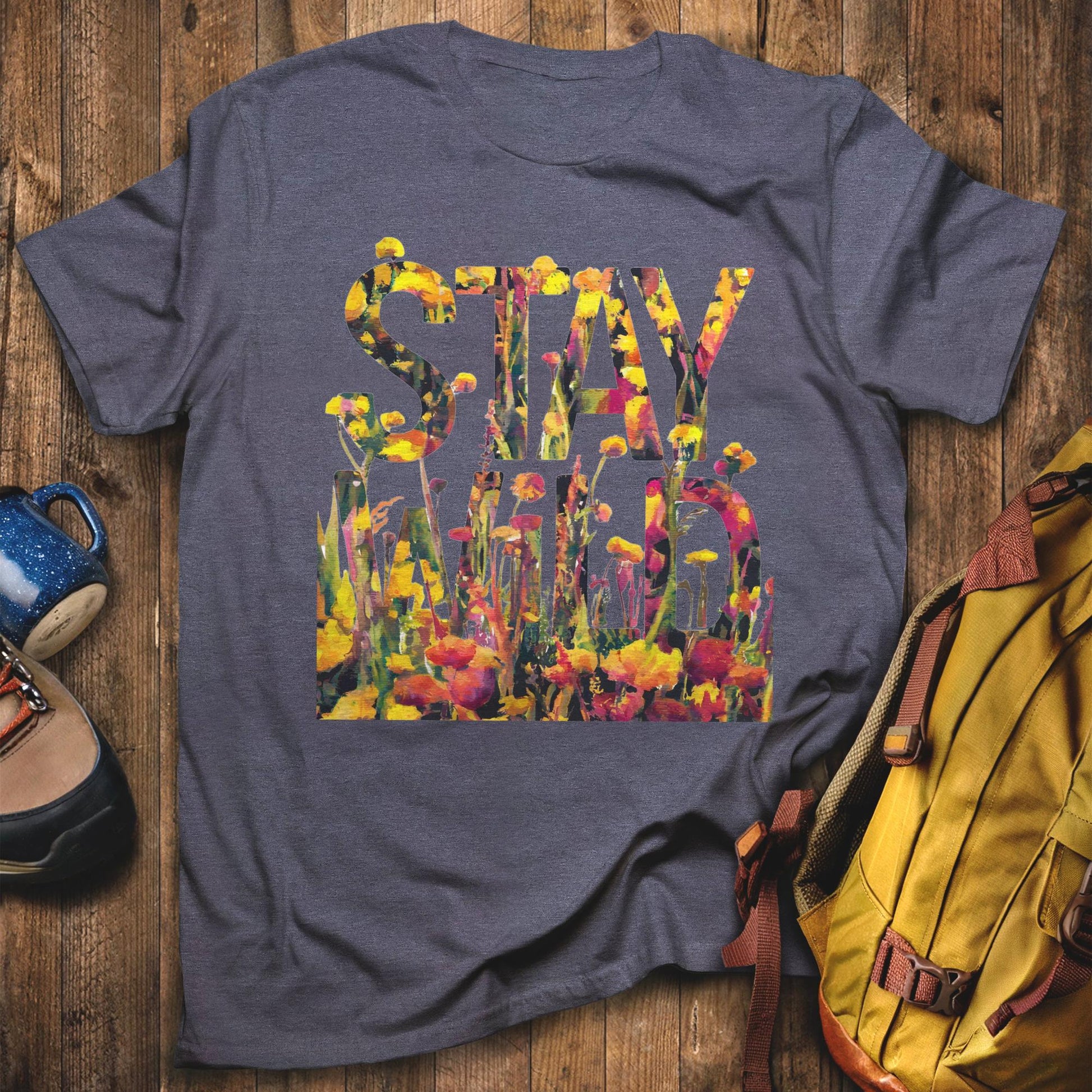 Stay Wild Wildflower T-Shirt Heather Navy Adventure and Outdoors Themed T-Shirt