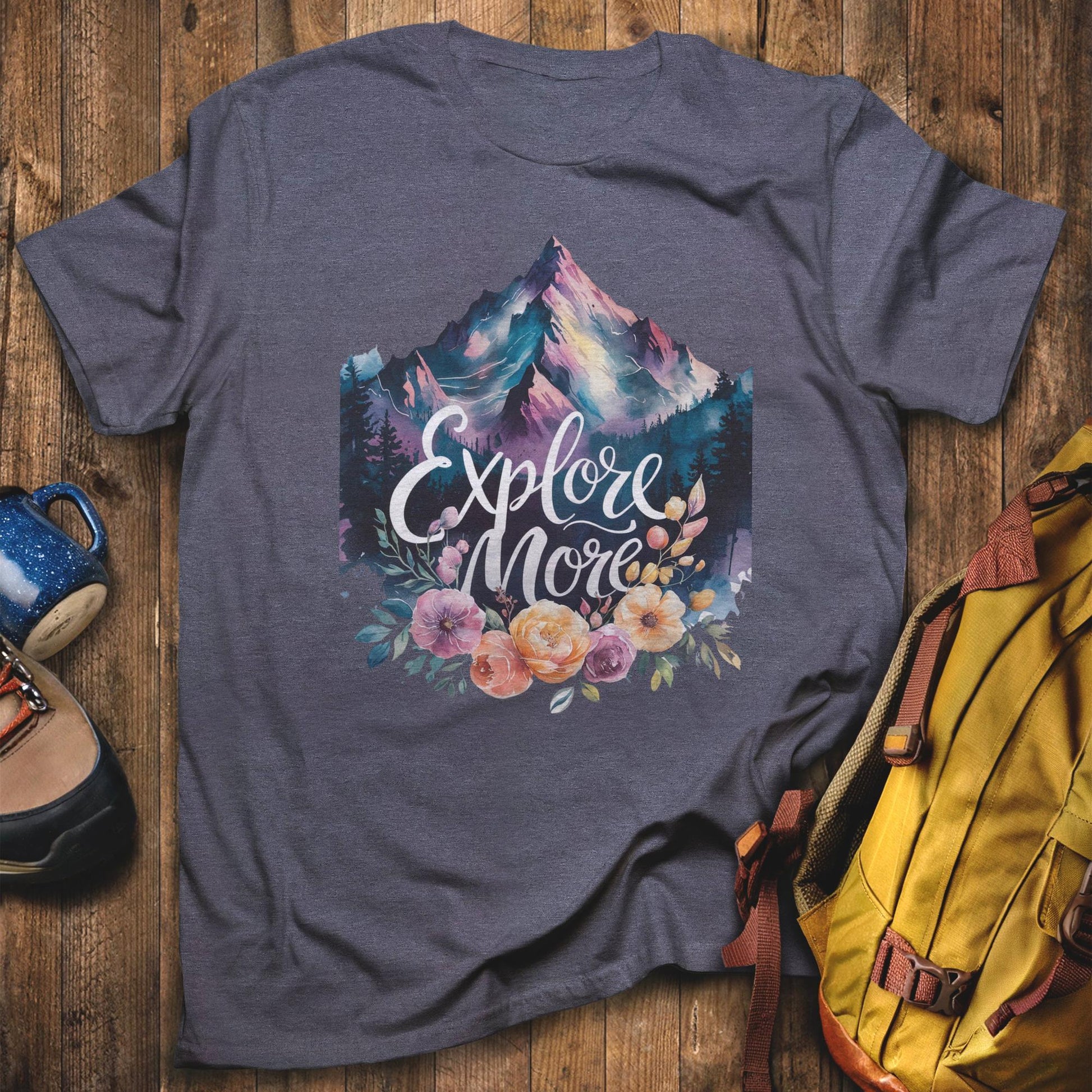 Explore More Mountain Watercolor T-Shirt Heather Navy Adventure and Outdoors Themed T-Shirt