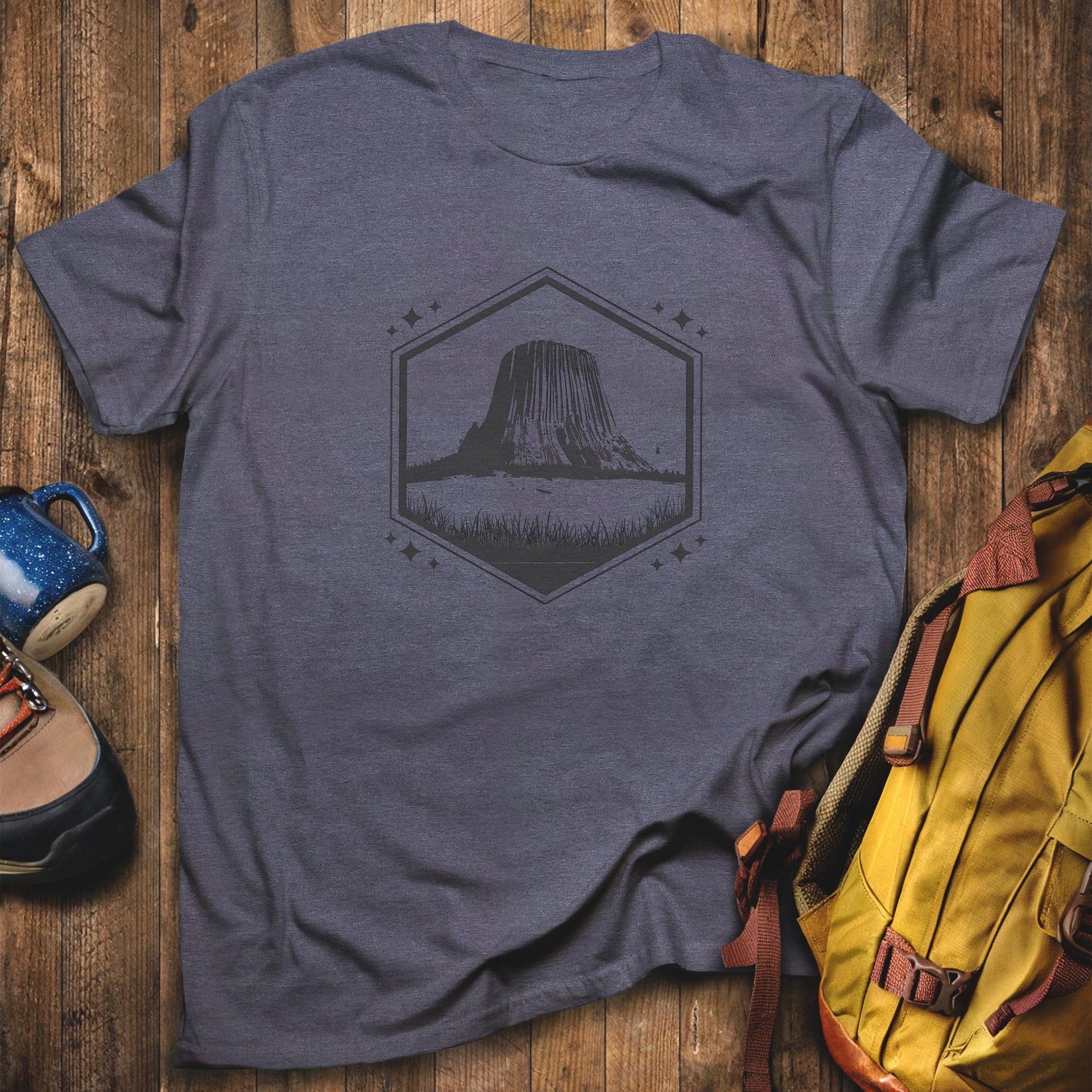 Devil's Tower Wyoming T-Shirt Heather Navy Adventure and Outdoors Themed T-Shirt