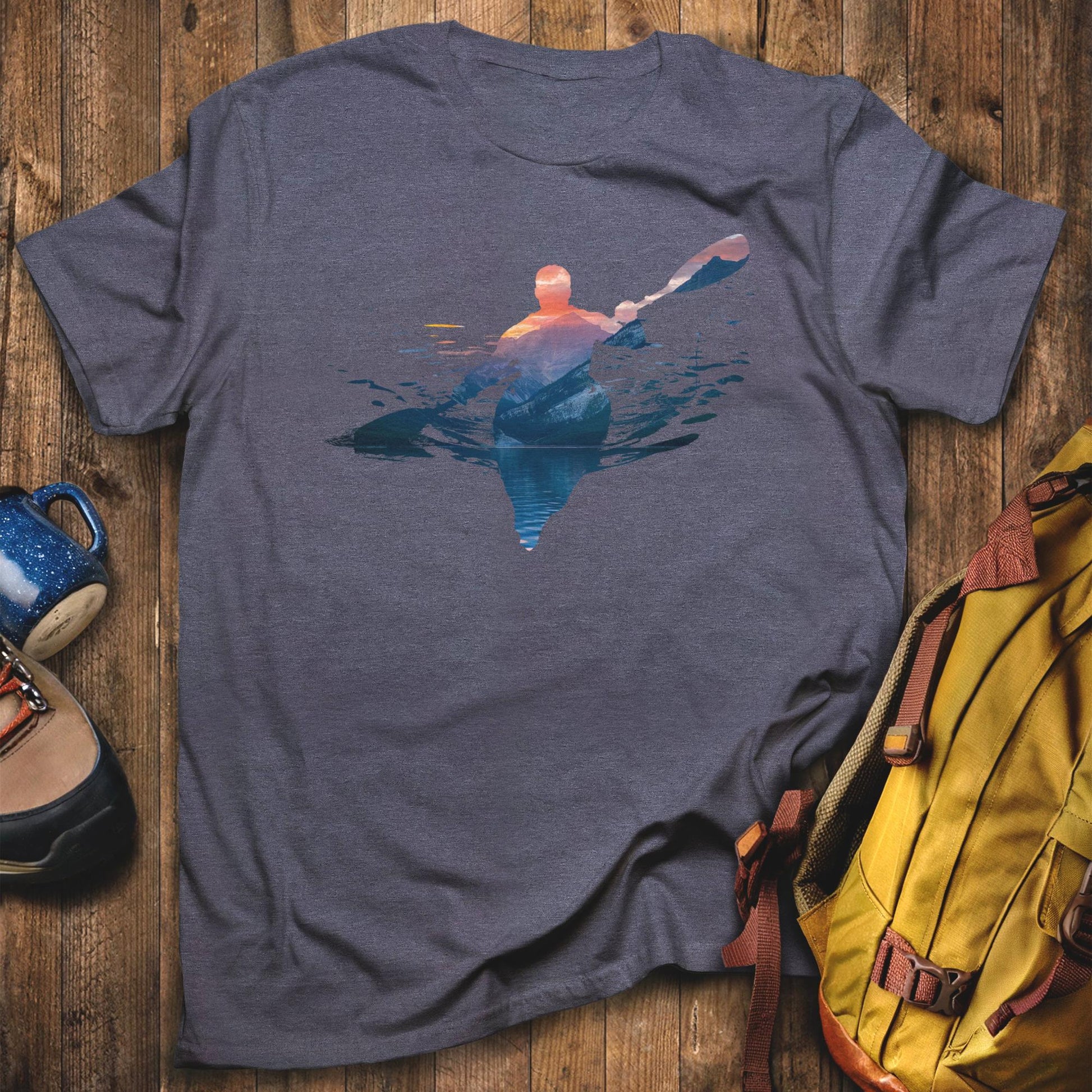 Kayak Mountain Silhouette T-Shirt Heather Navy Adventure and Outdoors Themed T-Shirt