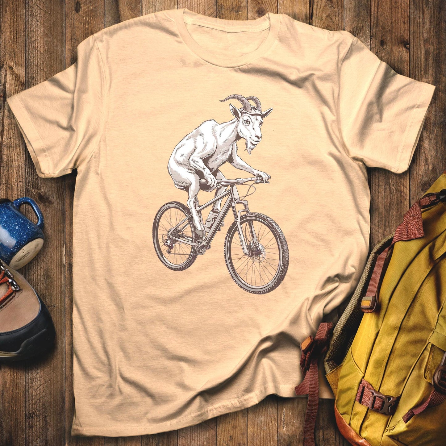 Mountain Goat Bike T-Shirt Sand Adventure and Outdoors Themed T-Shirt