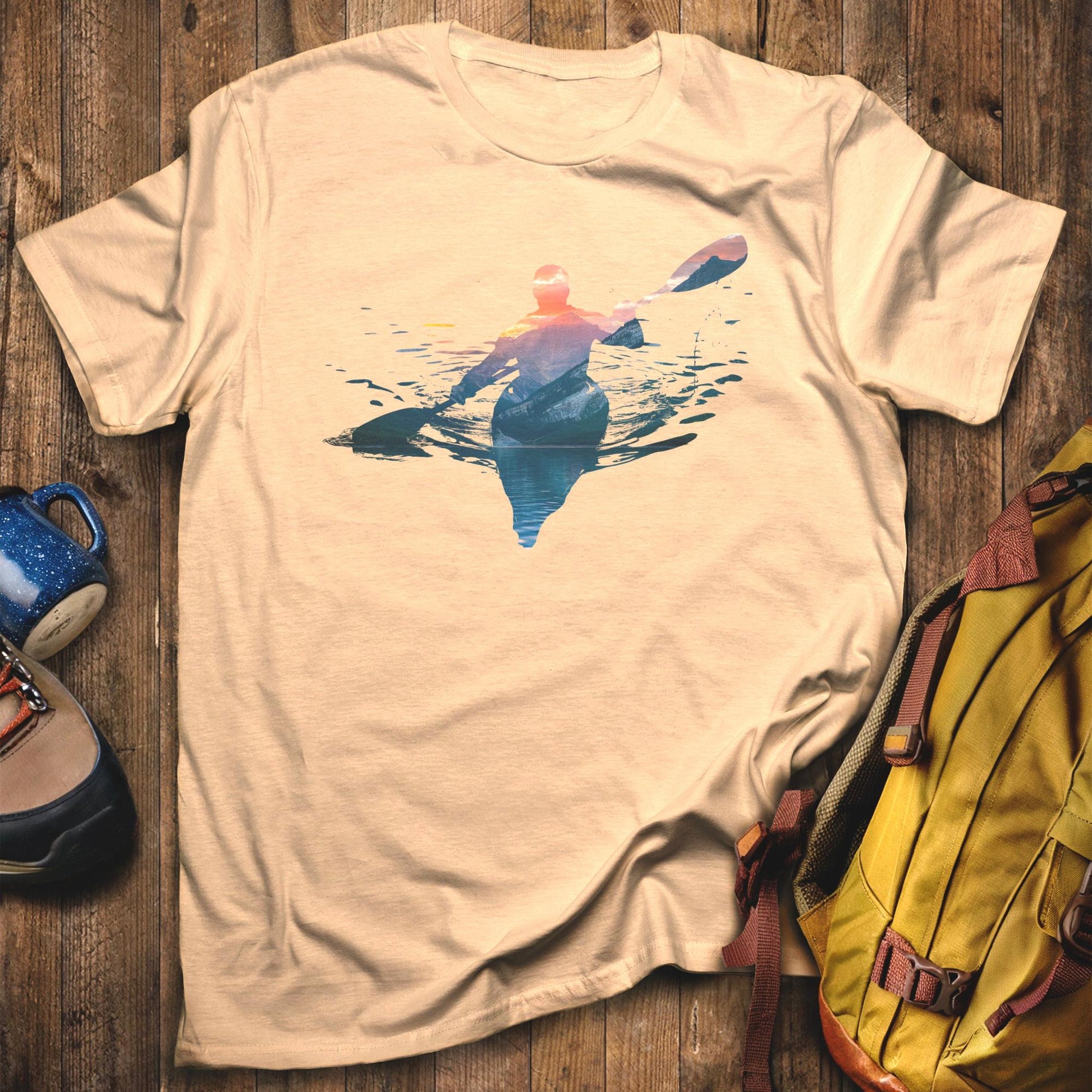 Kayak Mountain Silhouette T-Shirt Sand Adventure and Outdoors Themed T-Shirt