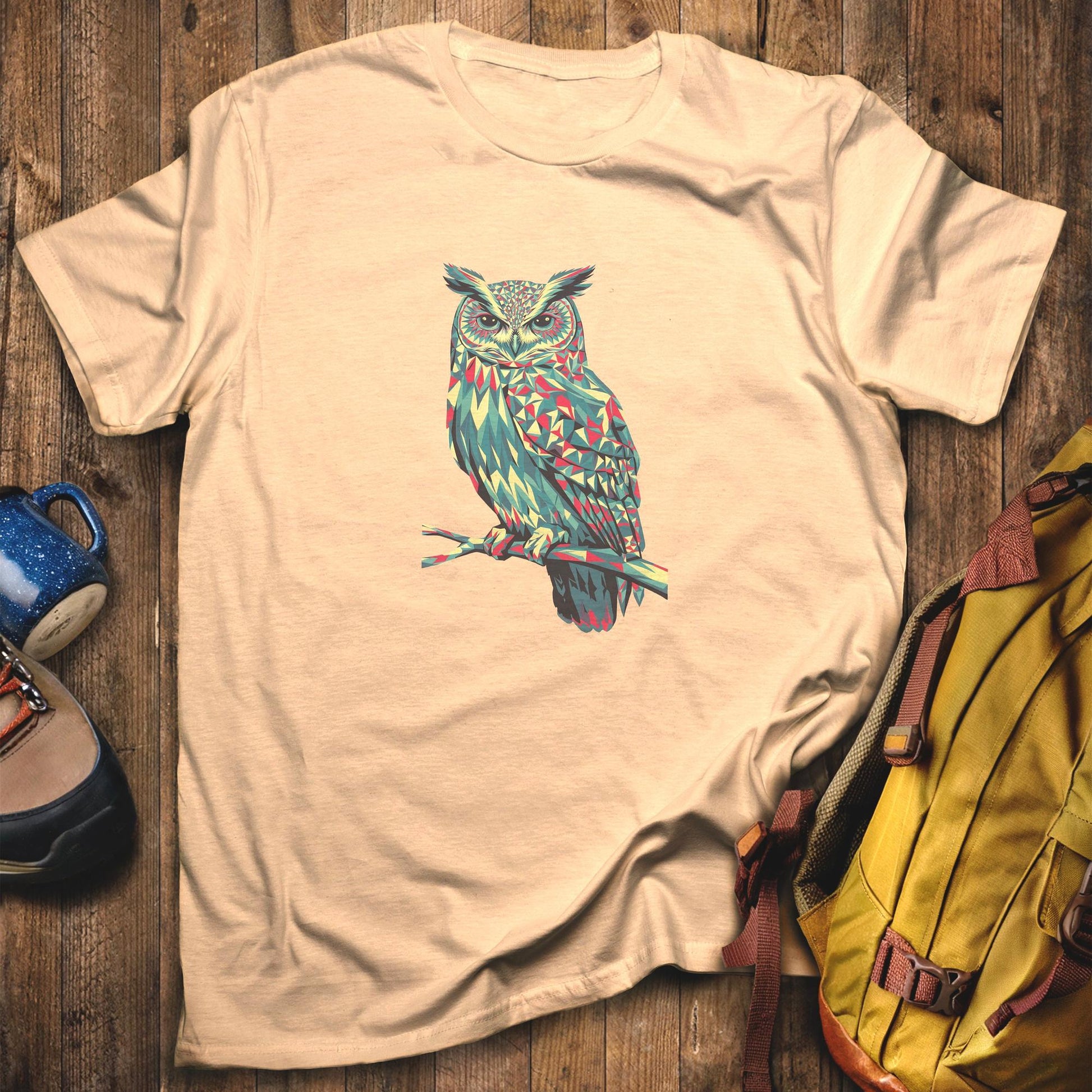Horned Owl Mosaic T-Shirt Sand Adventure and Outdoors Themed T-Shirt