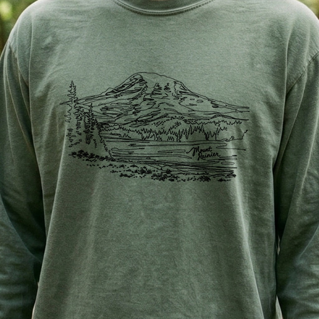 Mount Rainier Line Drawing Cotton Long Sleeve