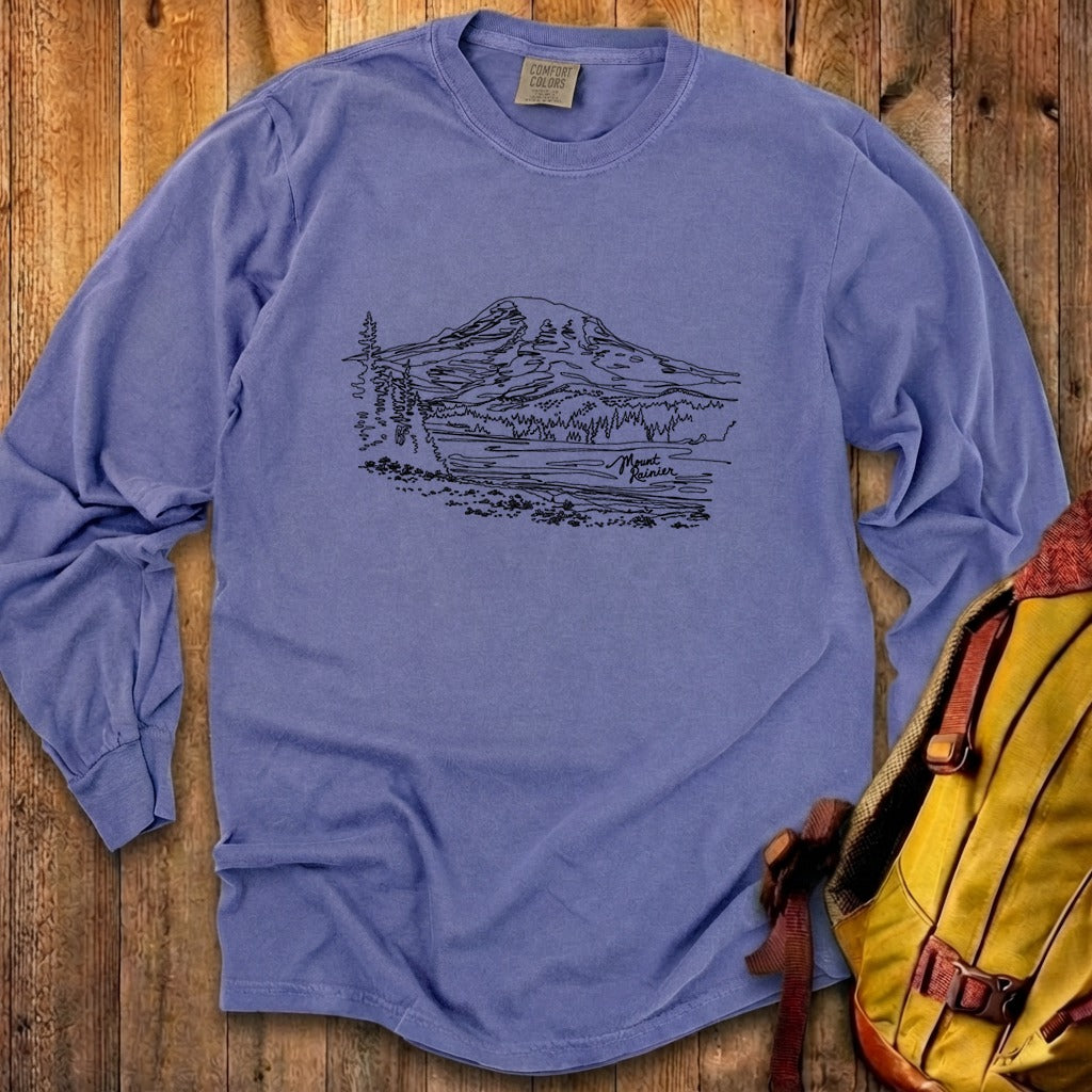 Mount Rainier Line Drawing Cotton Long Sleeve