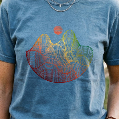 Mountain Sunset Woodblock Cotton T-Shirt