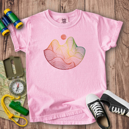 Mountain Sunset Woodblock Kids Cotton T-Shirt