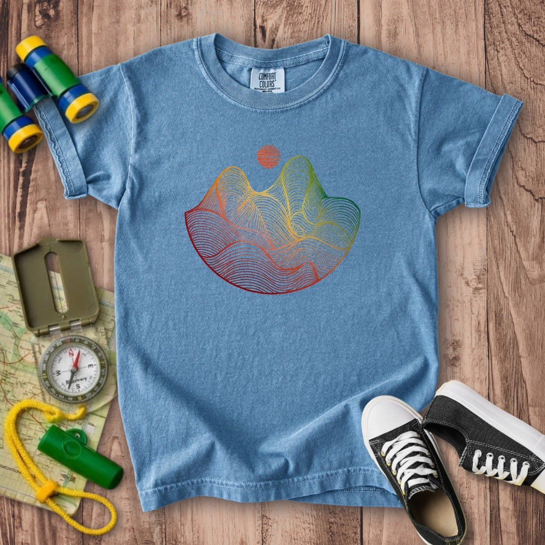 Mountain Sunset Woodblock Kids Cotton T-Shirt