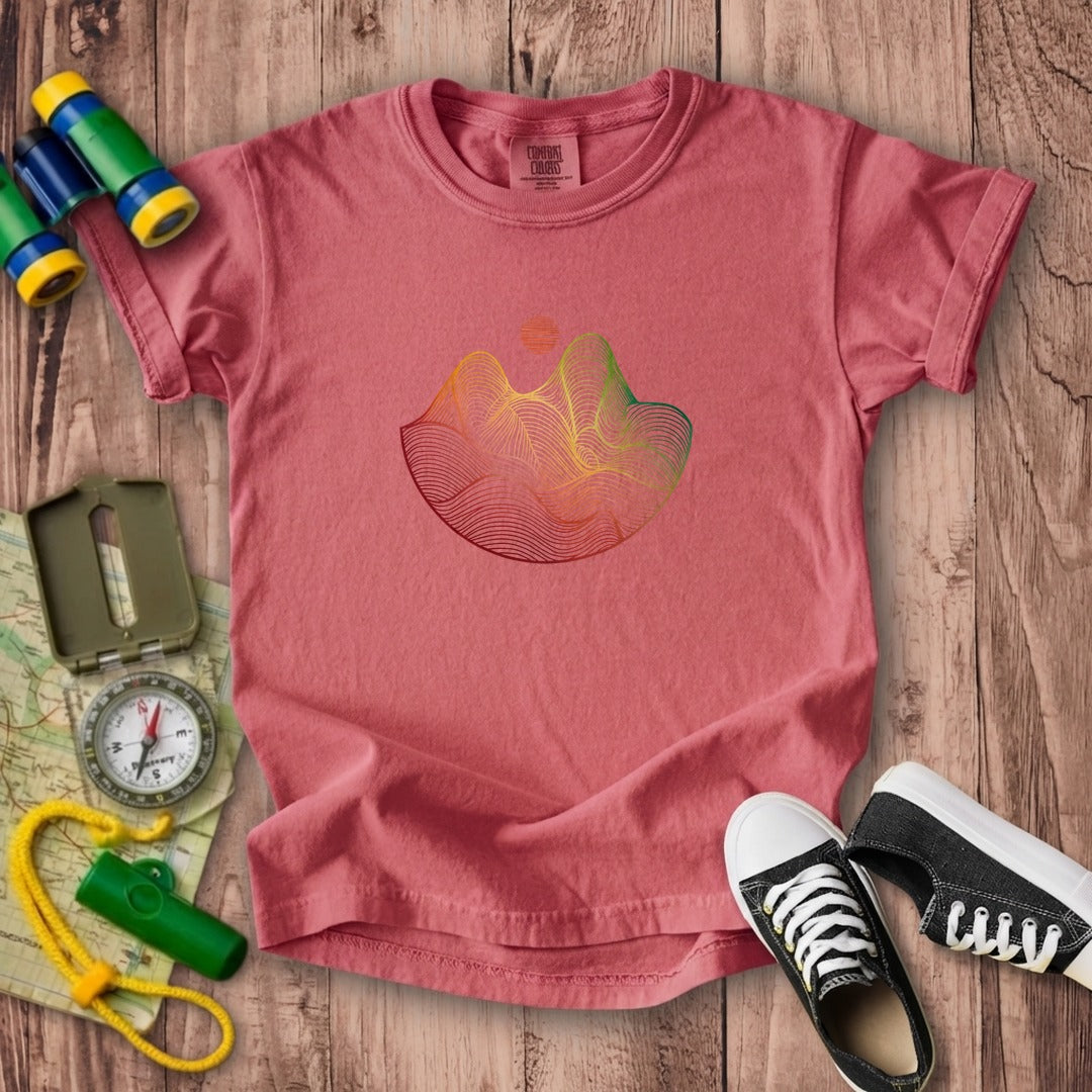 Mountain Sunset Woodblock Kids Cotton T-Shirt