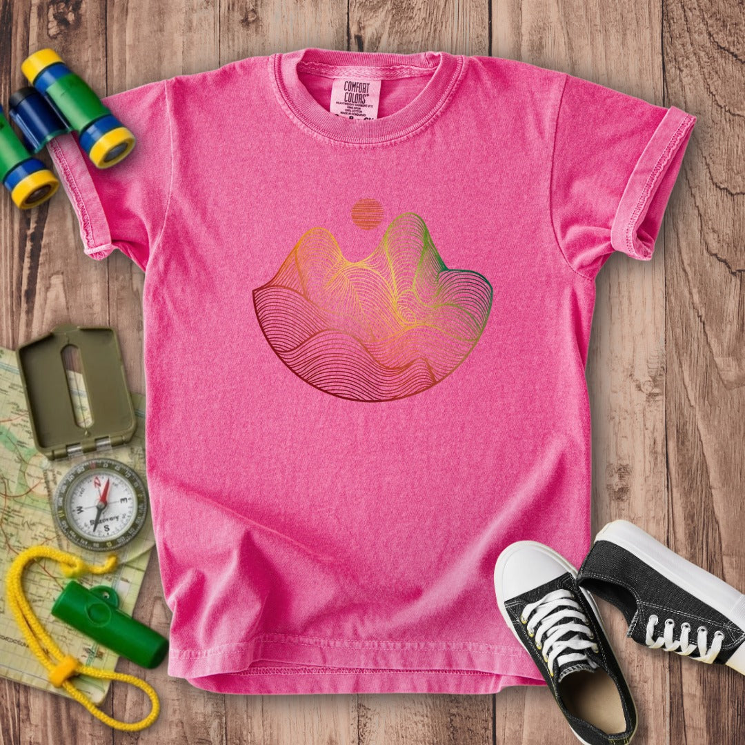 Mountain Sunset Woodblock Kids Cotton T-Shirt