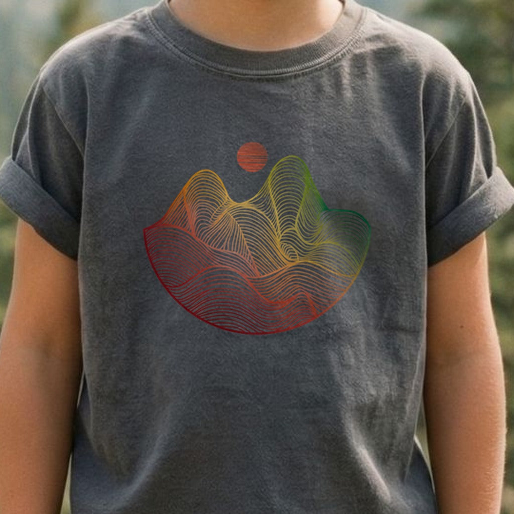 Mountain Sunset Woodblock Kids Cotton T-Shirt