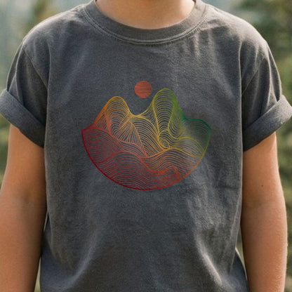 Mountain Sunset Woodblock Kids Cotton T-Shirt