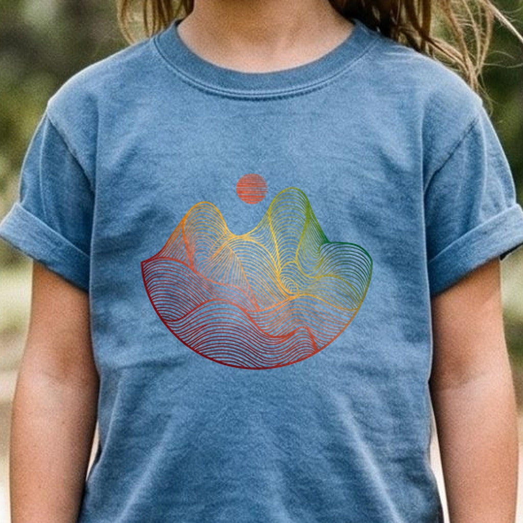 Mountain Sunset Woodblock Kids Cotton T-Shirt