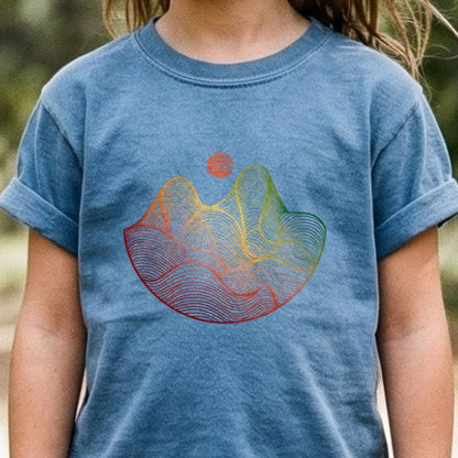 Mountain Sunset Woodblock Kids Cotton T-Shirt