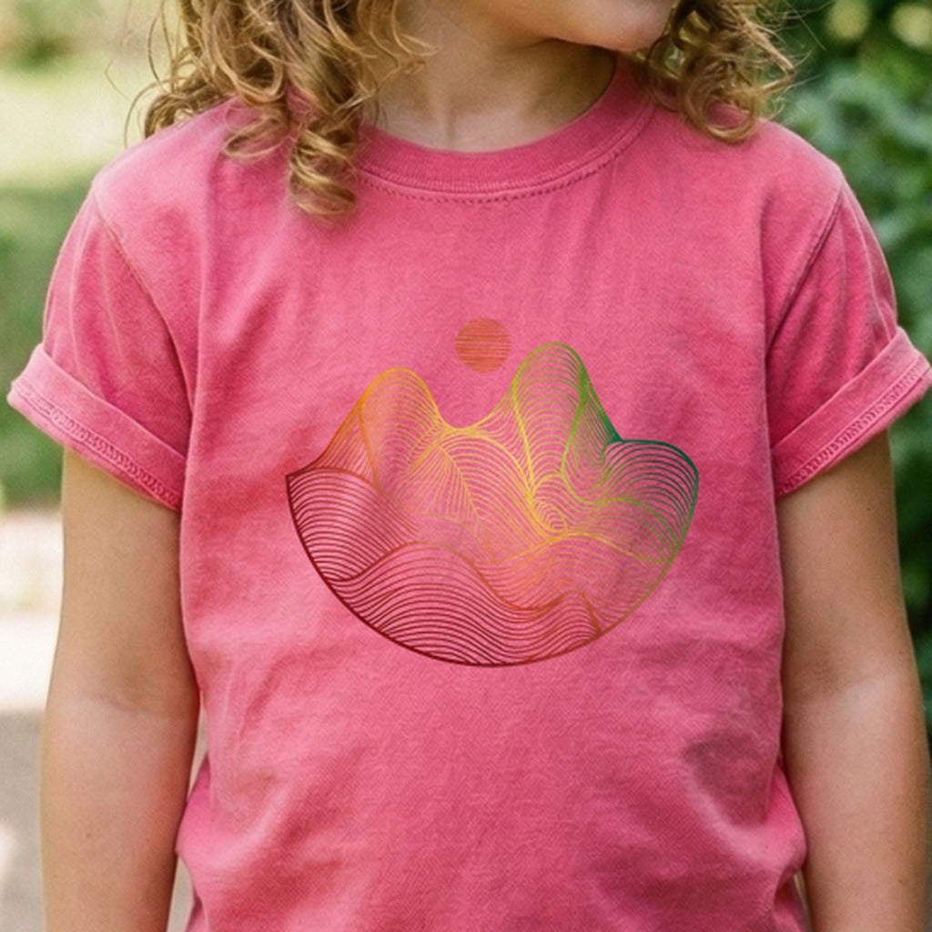 Mountain Sunset Woodblock Kids Cotton T-Shirt