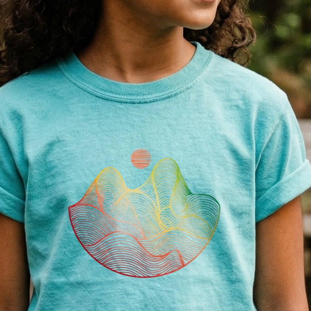 Mountain Sunset Woodblock Kids Cotton T-Shirt