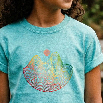 Mountain Sunset Woodblock Kids Cotton T-Shirt