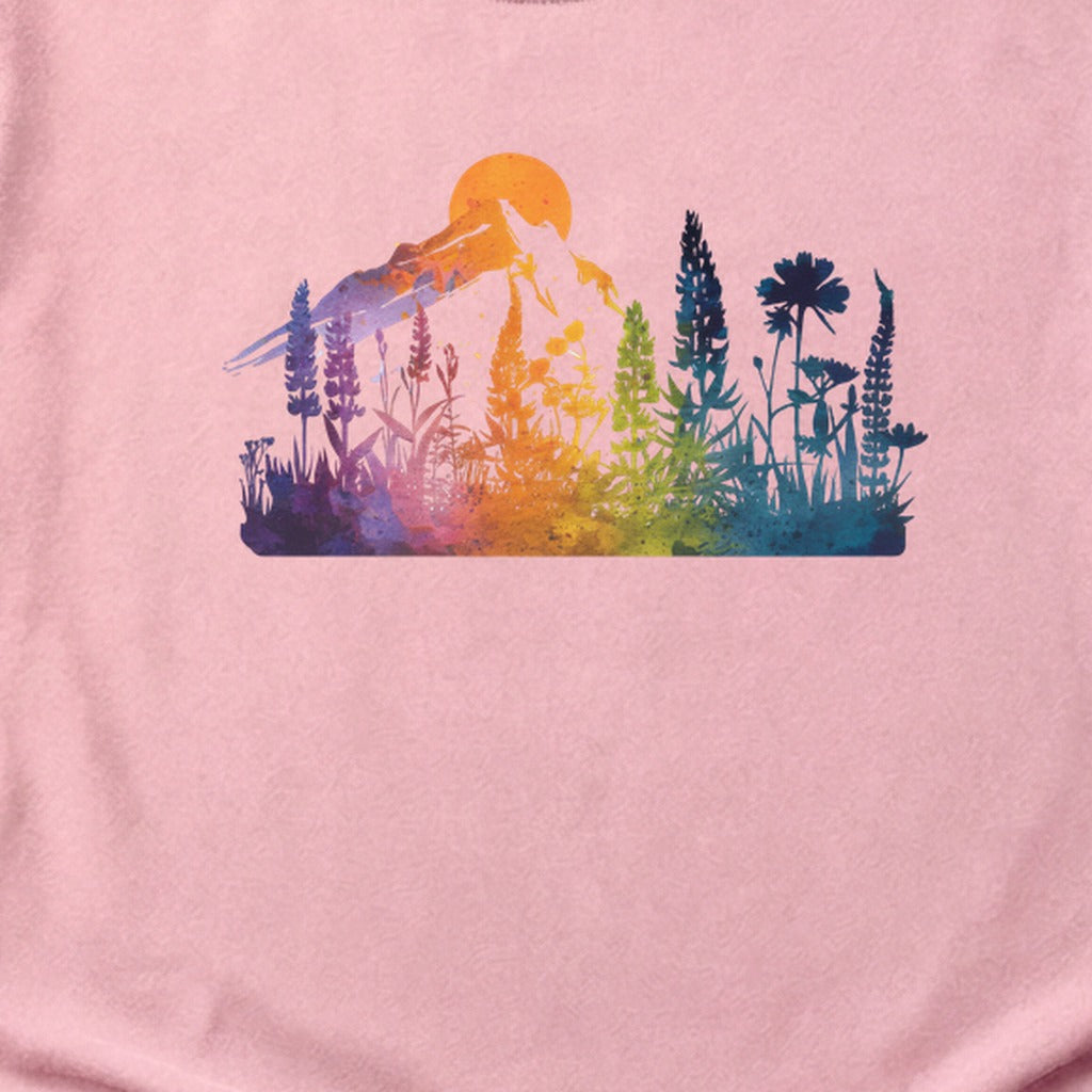 Mountain Wildflowers Sunset Watercolor Cotton T-Shirt